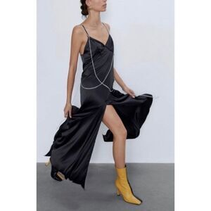knee length dresses for ladies ZARA. Black ribbed midi dress with chain straps. TS  Hibuy market
